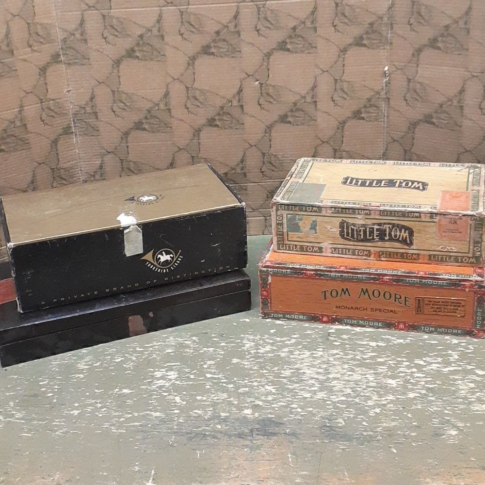 4 pc set of Vintage cigar boxes including Little Tom, Tom Moore, Yorkshire, etc.